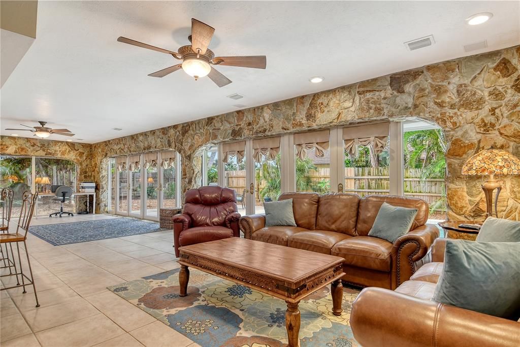 Fireplace, Interior, Living room, Recessed Lighting, Stone Walls