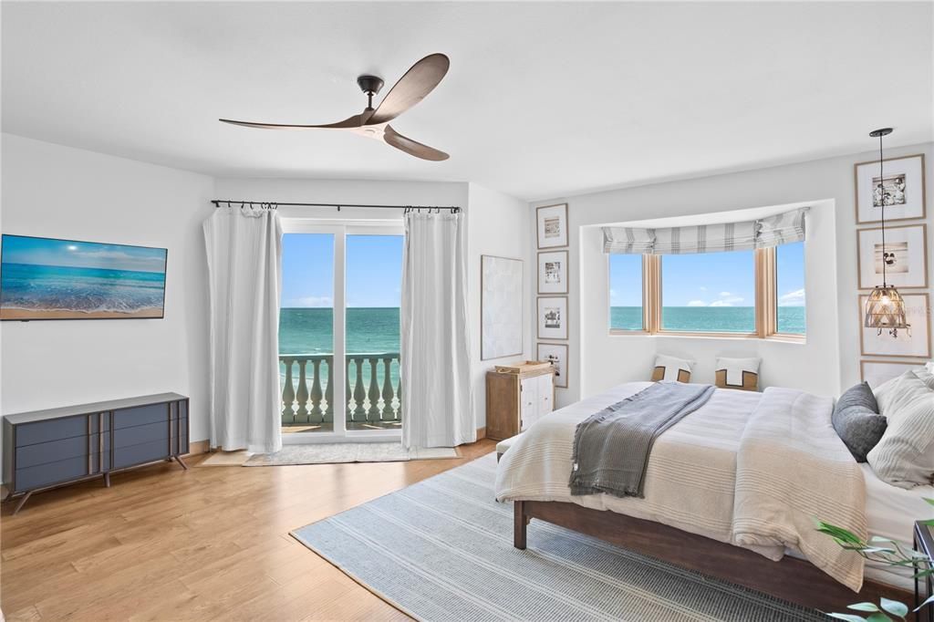 Bedroom, Interior, Pendant Lights, Water, Wood Texture Flooring