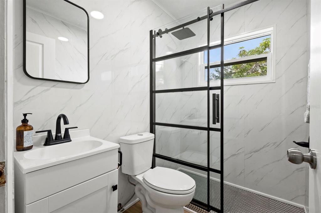 Bathroom, Glass Shower, Interior, Marble Walls, Recessed Lighting