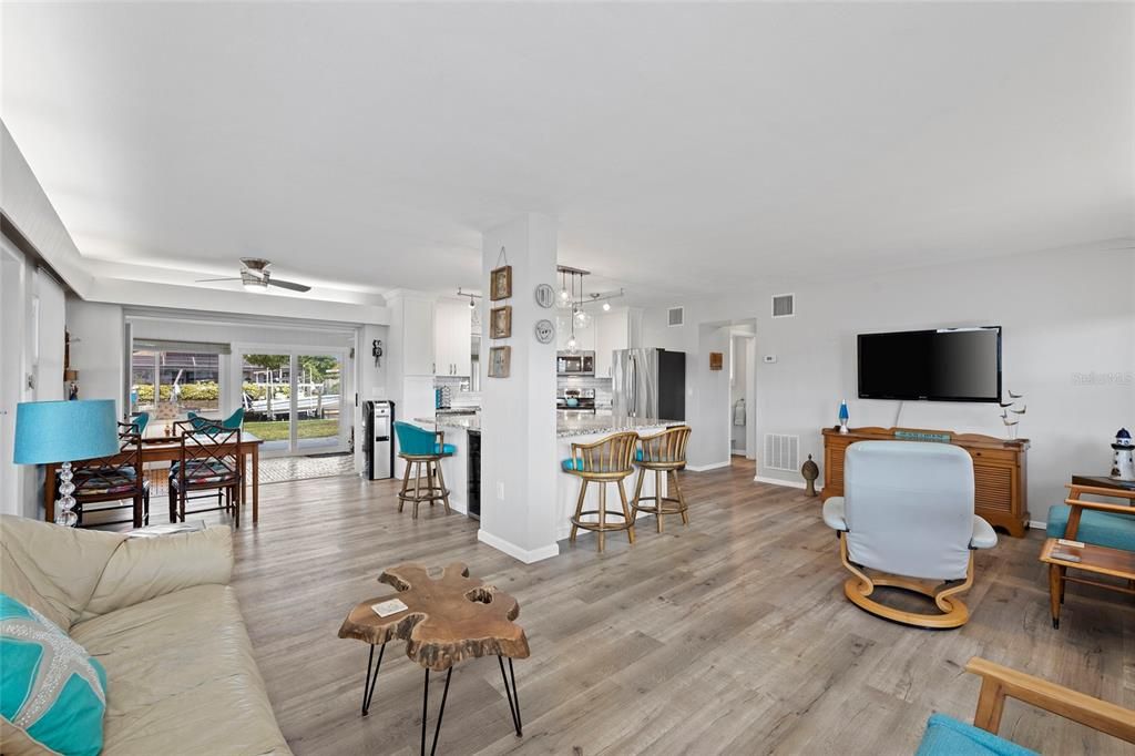 Dining room, Interior, Kitchen, Living room, Pendant Lights, Wood Texture Flooring
