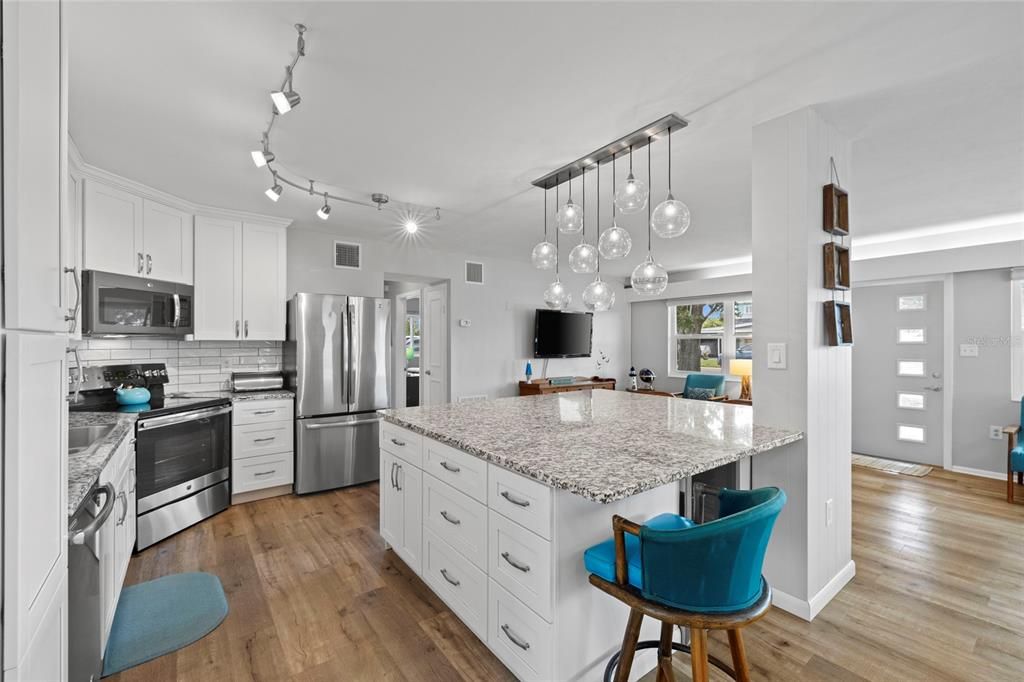 Interior, Kitchen, Pendant Lights, Stainless Steel Appliances, Wood Texture Flooring