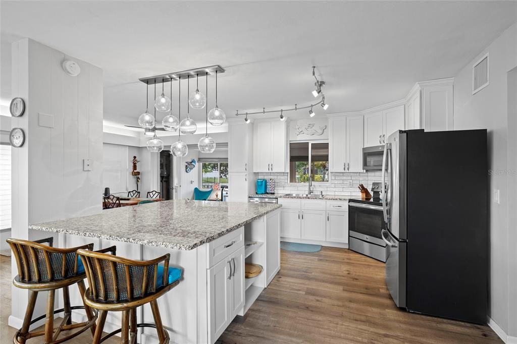Interior, Kitchen, Pendant Lights, Stainless Steel Appliances, Wood Texture Flooring