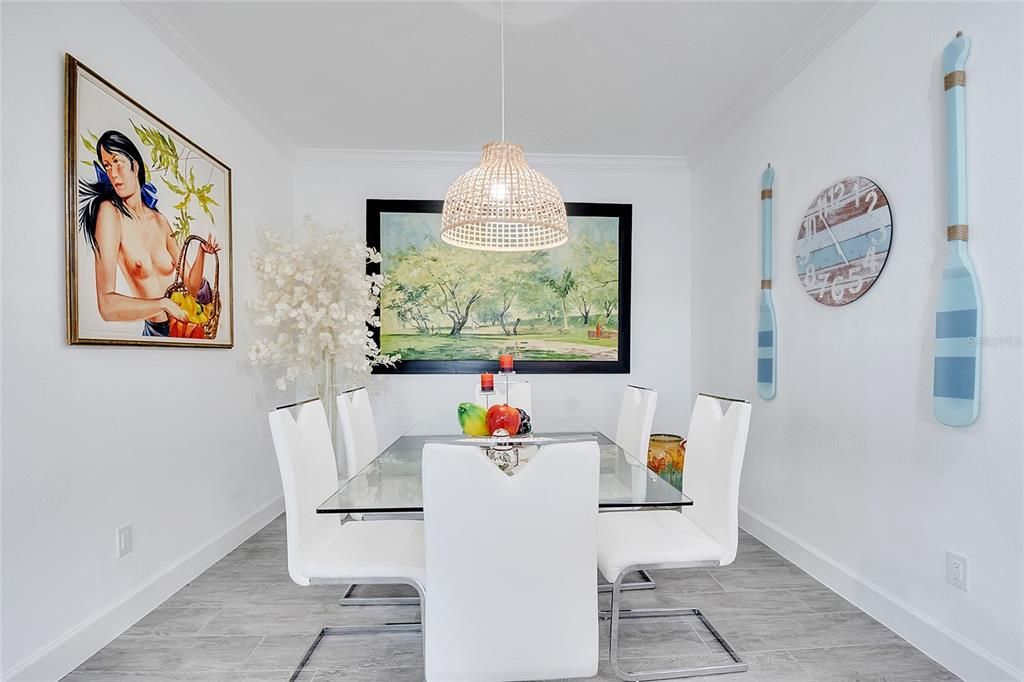 Dining room, Interior, Pendant Lights, Wood Texture Flooring