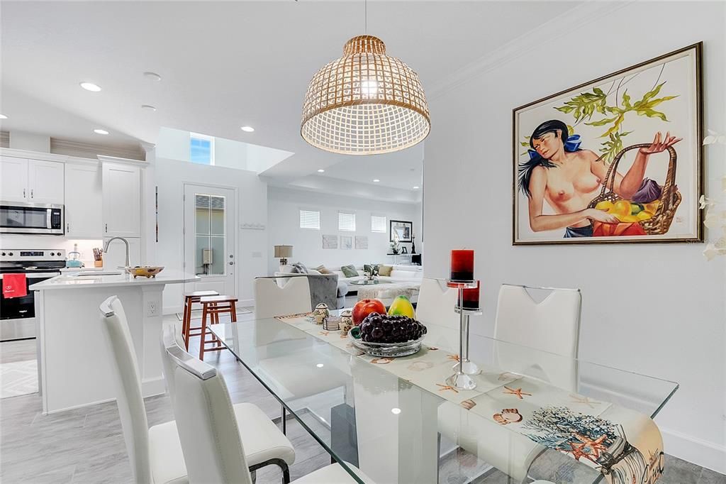 Dining room, Interior, Kitchen, Marble, Pendant Lights, Recessed Lighting, Stainless Steel Appliances