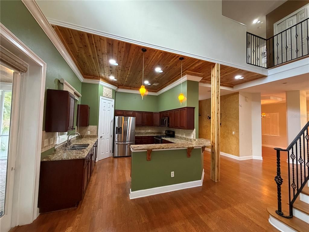 Interior, Kitchen, Pendant Lights, Recessed Lighting, Stainless Steel Appliances, Wooden Ceilings, Wood Texture Flooring