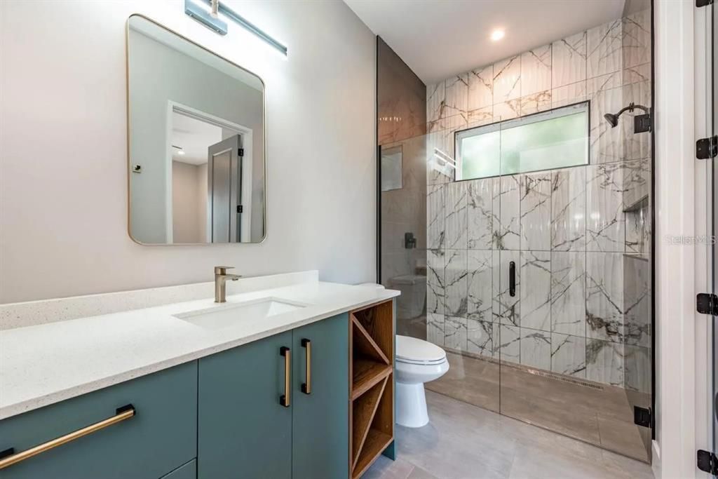 Bathroom, Glass Shower, Interior, Marble Walls, Recessed Lighting