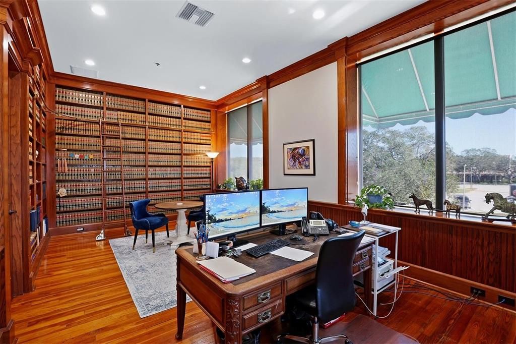 Home Office, Interior, Recessed Lighting, Wood Texture Flooring, Wooden Walls