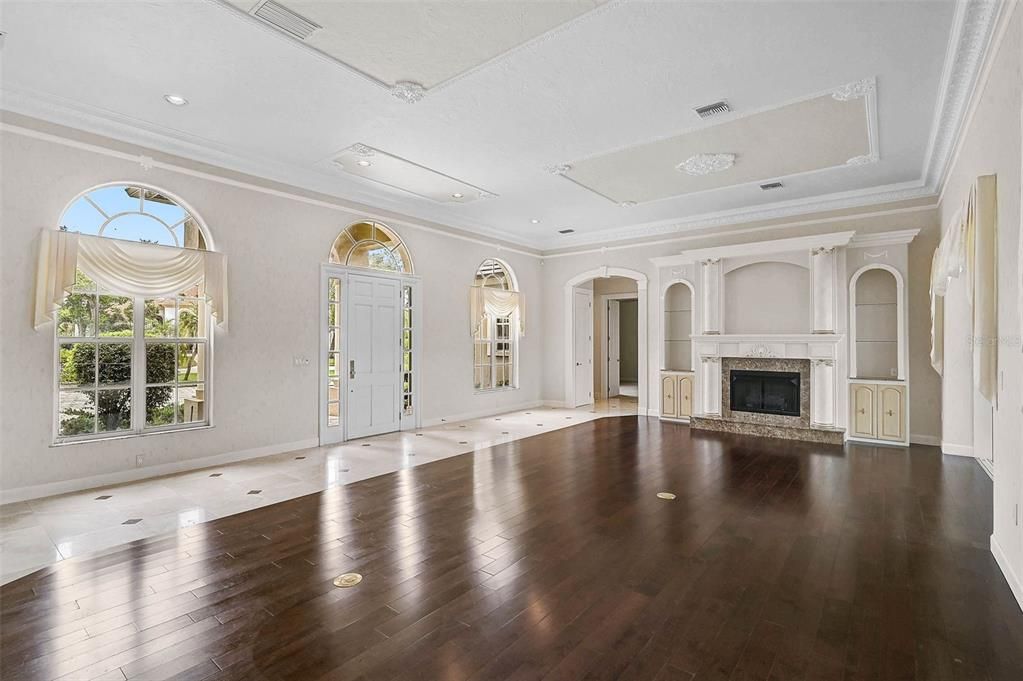 Empty room, Fireplace, Interior, Recessed Lighting, Wood Texture Flooring