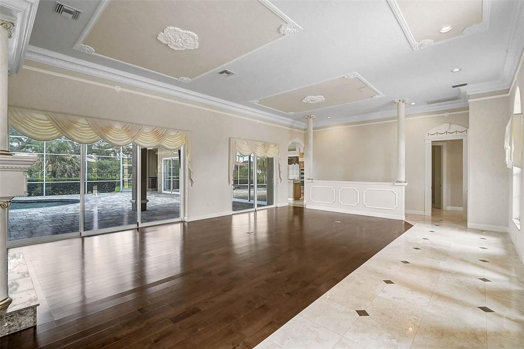Empty room, Fireplace, Interior, Recessed Lighting, Wood Texture Flooring