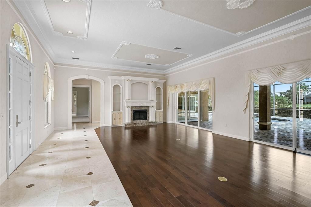 Empty room, Fireplace, Interior, Recessed Lighting, Wood Texture Flooring