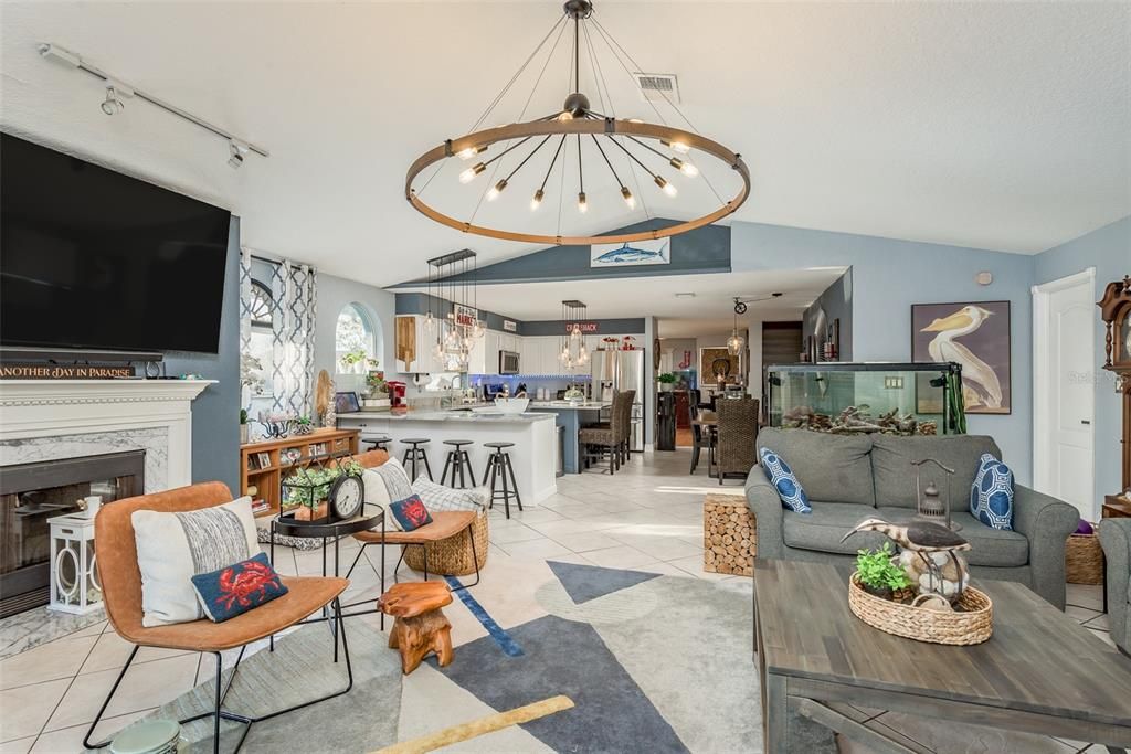 Dining room, Fireplace, Interior, Kitchen, Living room, Pendant Lights