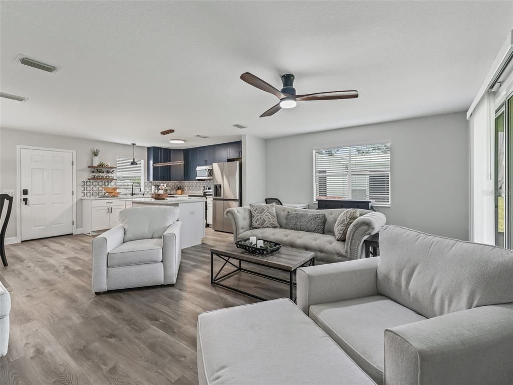 Interior, Kitchen, Living room, Pendant Lights, Wood Texture Flooring