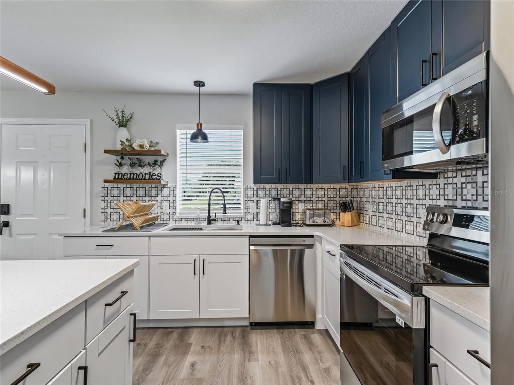 Interior, Kitchen, Pendant Lights, Stainless Steel Appliances, Wood Texture Flooring