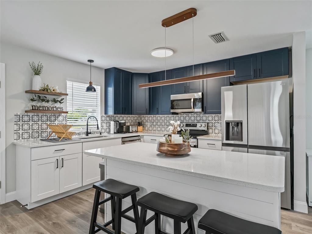 Interior, Kitchen, Pendant Lights, Stainless Steel Appliances, Wood Texture Flooring