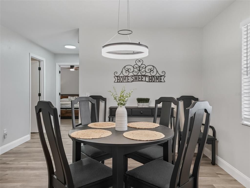 Dining room, Interior, Pendant Lights, Recessed Lighting, Wood Texture Flooring