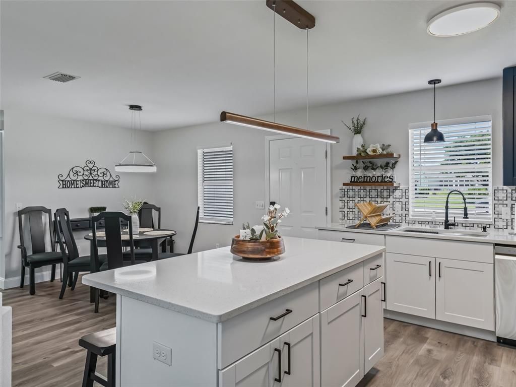 Dining room, Interior, Kitchen, Pendant Lights, Wood Texture Flooring