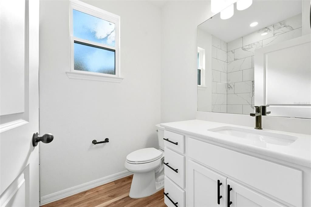 Bathroom, Interior, Recessed Lighting, Wood Texture Flooring