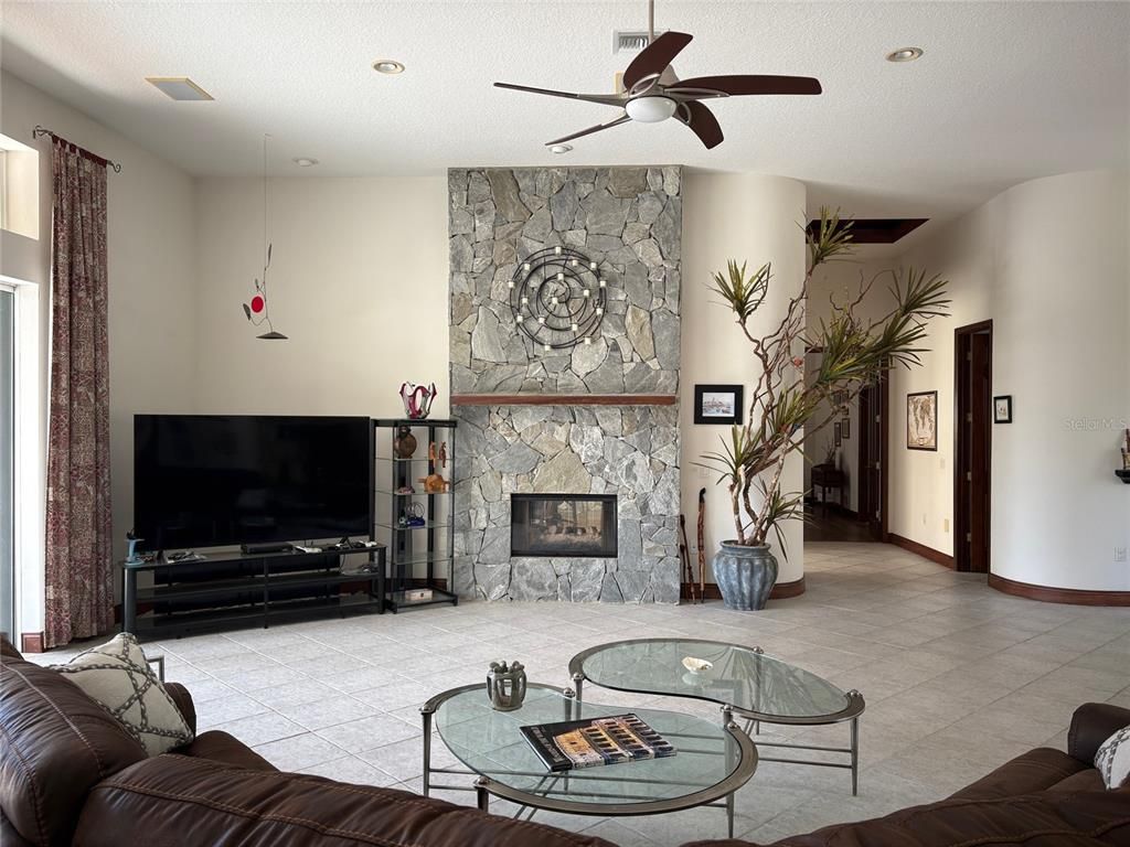 Fireplace, Interior, Living room, Recessed Lighting, Stone Walls