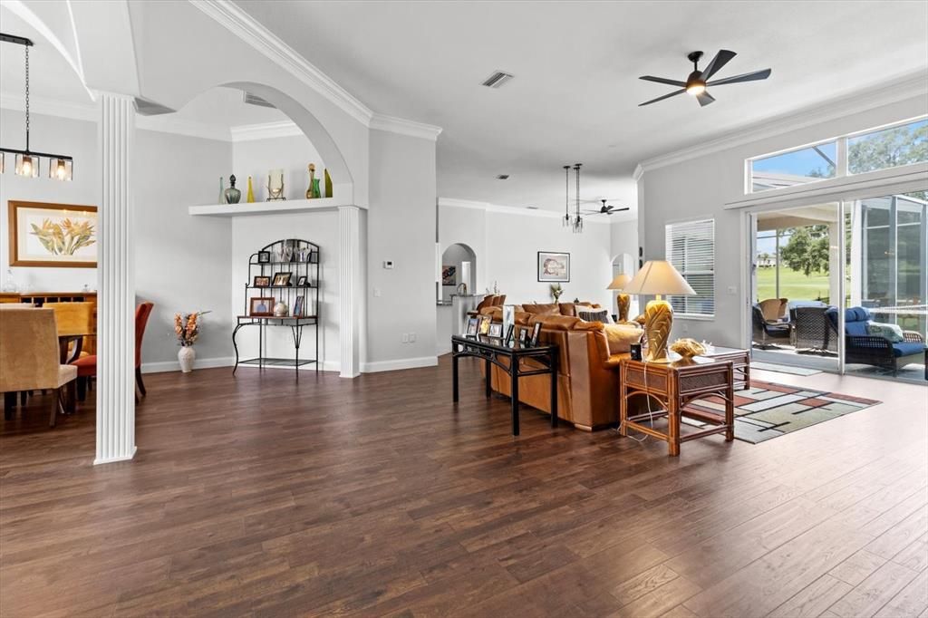 Dining room, Interior, Living room, Pendant Lights, Wood Texture Flooring