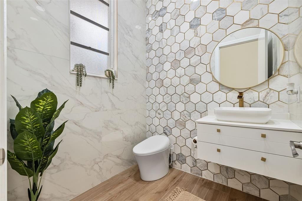 Bathroom, Interior, Marble Walls, Wood Texture Flooring