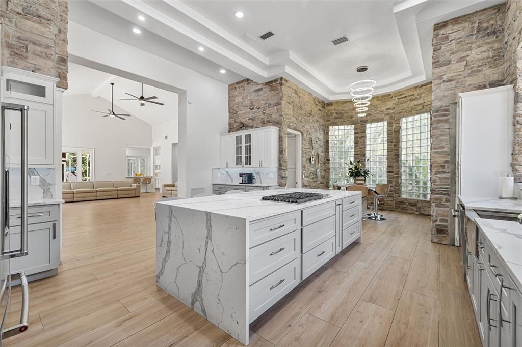 Interior, Kitchen, Pendant Lights, Recessed Lighting, Stone Walls, Wood Texture Flooring