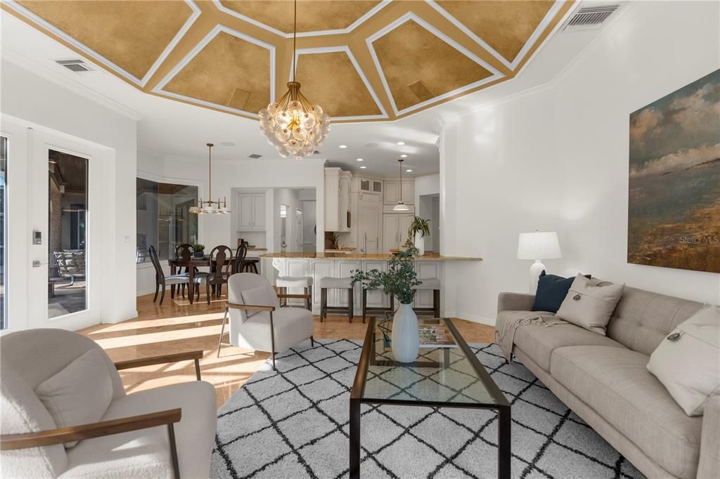 Chandelier, Dining room, Interior, Kitchen, Living room, Pendant Lights, Recessed Lighting, Wood Texture Flooring