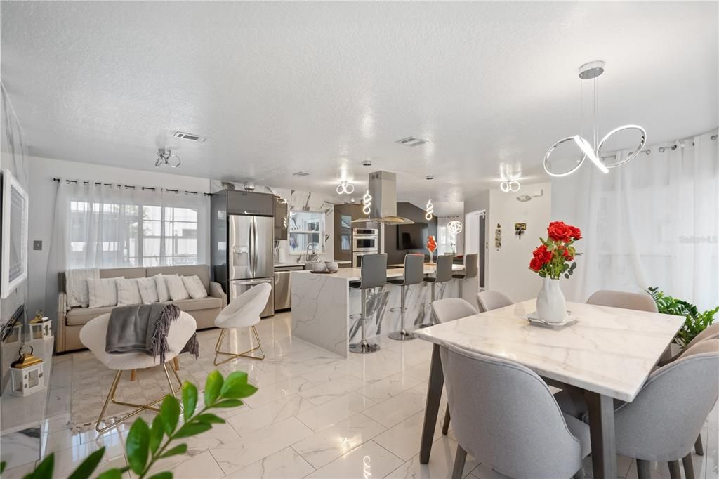 Dining room, Interior, Kitchen, Living room, Marble, Pendant Lights, Stainless Steel Appliances
