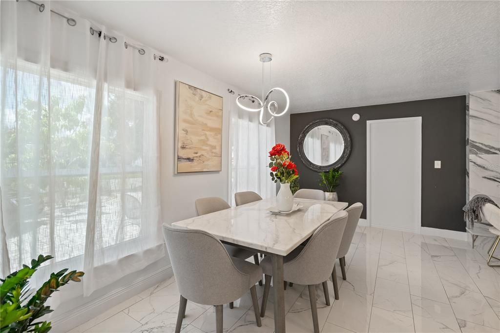 Dining room, Interior, Marble, Pendant Lights