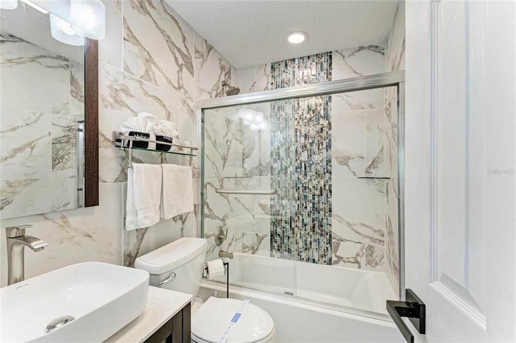 Bathroom, Glass Shower, Interior, Marble Walls, Recessed Lighting