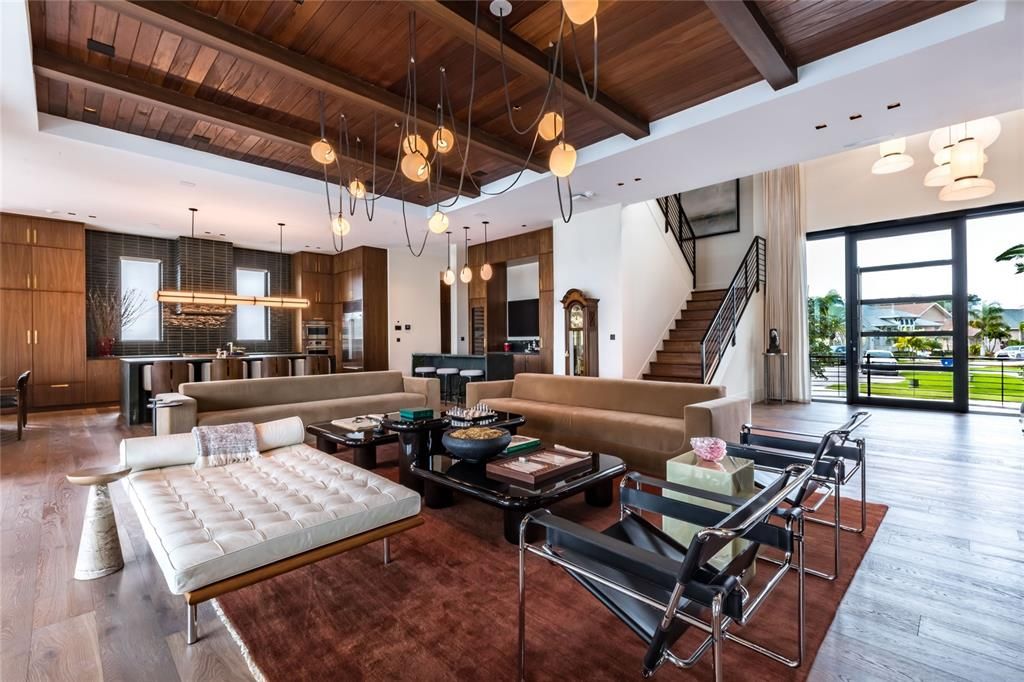 Interior, Kitchen, Living room, Pendant Lights, Recessed Lighting, Wooden Beams, Wooden Ceilings, Wood Texture Flooring