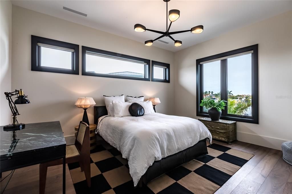 Bedroom, Interior, Pendant Lights, Wood Texture Flooring