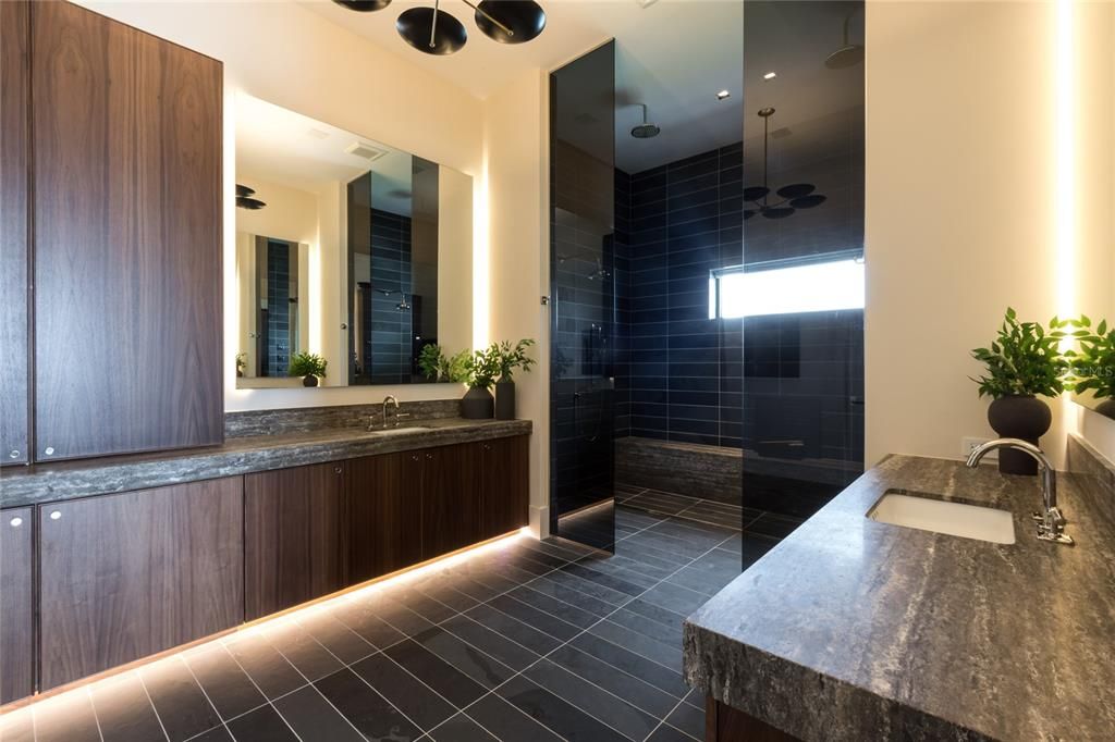 Bathroom, Dual Sink Vanities, Glass Shower, Interior, Recessed Lighting