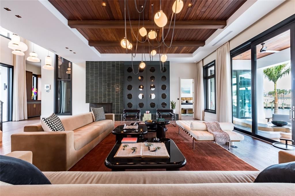 Interior, Living room, Pendant Lights, Stone Walls, Wooden Beams, Wooden Ceilings, Wood Texture Flooring