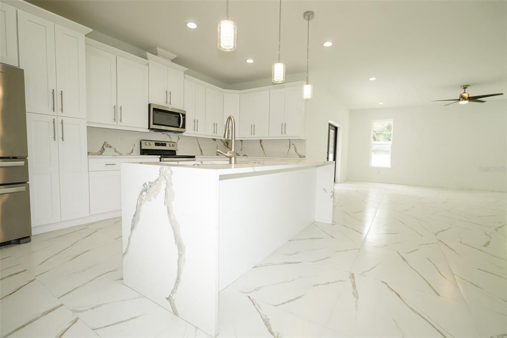Interior, Kitchen, Marble, Pendant Lights, Recessed Lighting