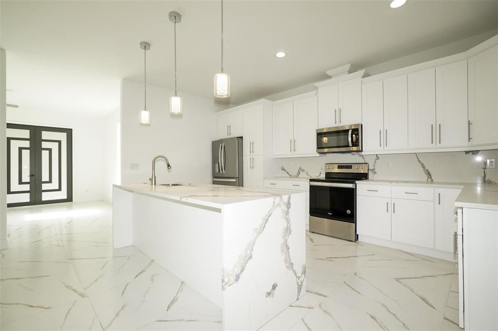 Interior, Kitchen, Marble, Pendant Lights, Recessed Lighting, Stainless Steel Appliances