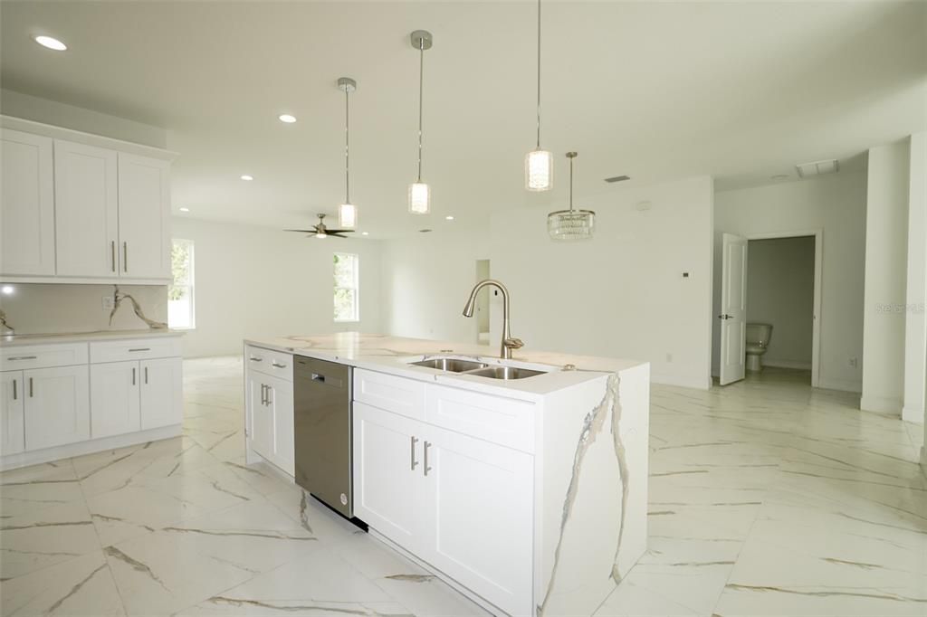 Interior, Kitchen, Marble, Pendant Lights, Recessed Lighting