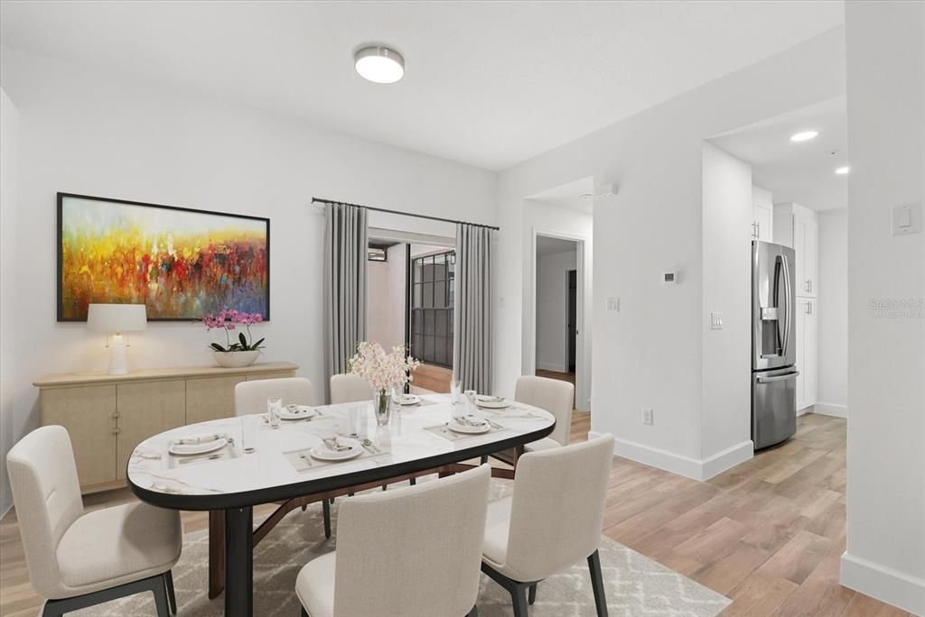 Dining room, Interior, Kitchen, Recessed Lighting, Stainless Steel Appliances, Wood Texture Flooring