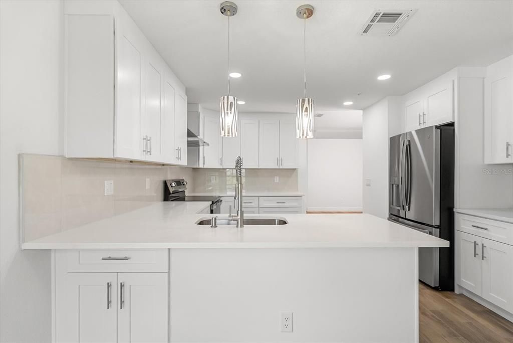 Interior, Kitchen, Pendant Lights, Recessed Lighting, Wood Texture Flooring