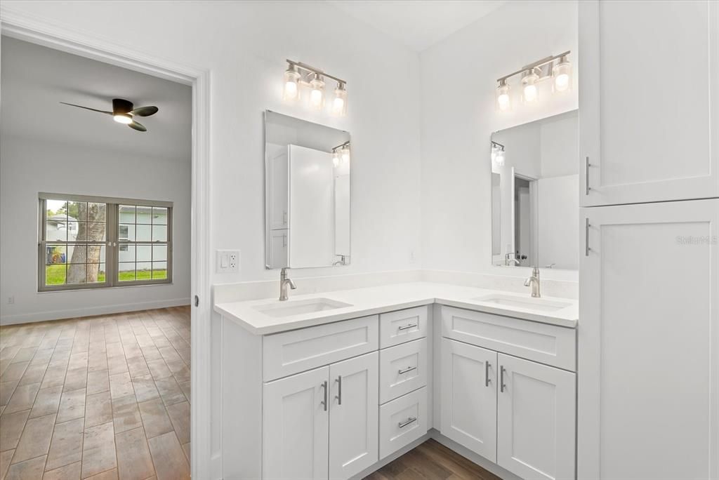 Bathroom, Dual Sink Vanities, Interior, Wood Texture Flooring