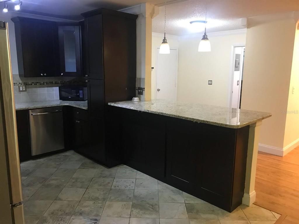 Interior, Kitchen, Pendant Lights, Wood Texture Flooring