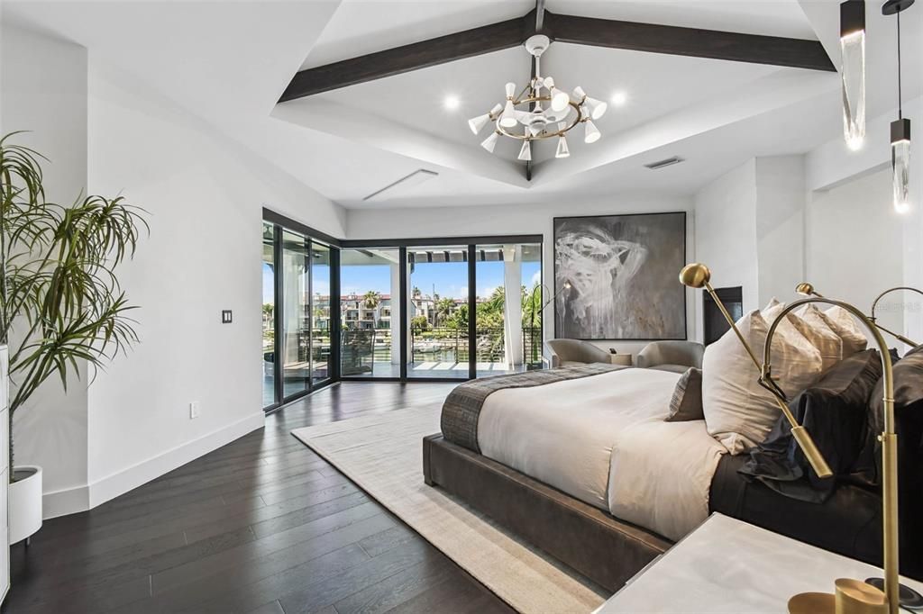 Bedroom, Chandelier, Interior, Recessed Lighting, Wooden Beams, Wood Texture Flooring
