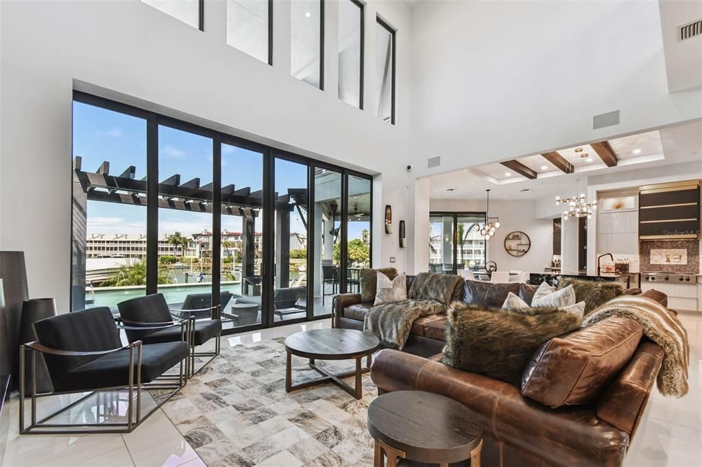 Dining room, Interior, Living room, Pendant Lights, Recessed Lighting, Water, Wooden Beams