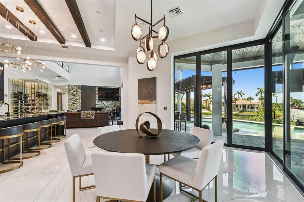 Dining room, Interior, Living room, Pendant Lights, Recessed Lighting, Wine Storage, Wooden Beams