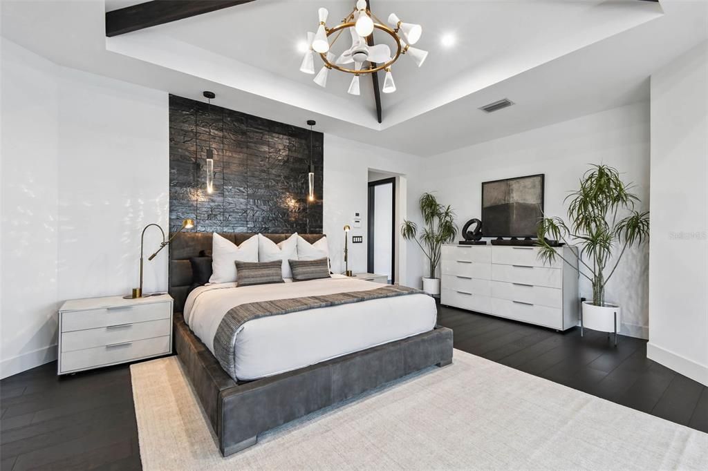 Bedroom, Chandelier, Interior, Recessed Lighting, Wood Texture Flooring