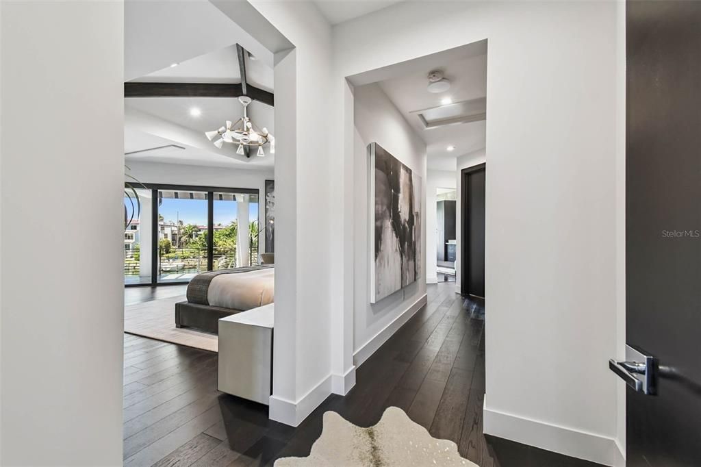 Bedroom, Chandelier, Interior, Recessed Lighting, Water, Wood Texture Flooring