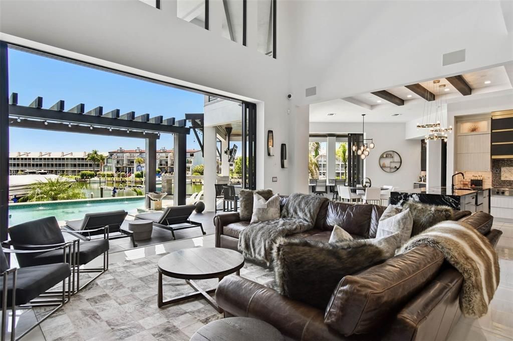 Chandelier, Dining room, Interior, Living room, Pendant Lights, Recessed Lighting, Wooden Beams