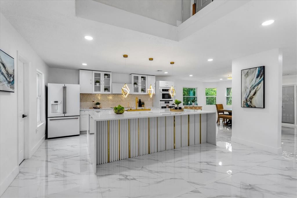 Interior, Kitchen, Marble, Pendant Lights, Recessed Lighting, Stainless Steel Appliances