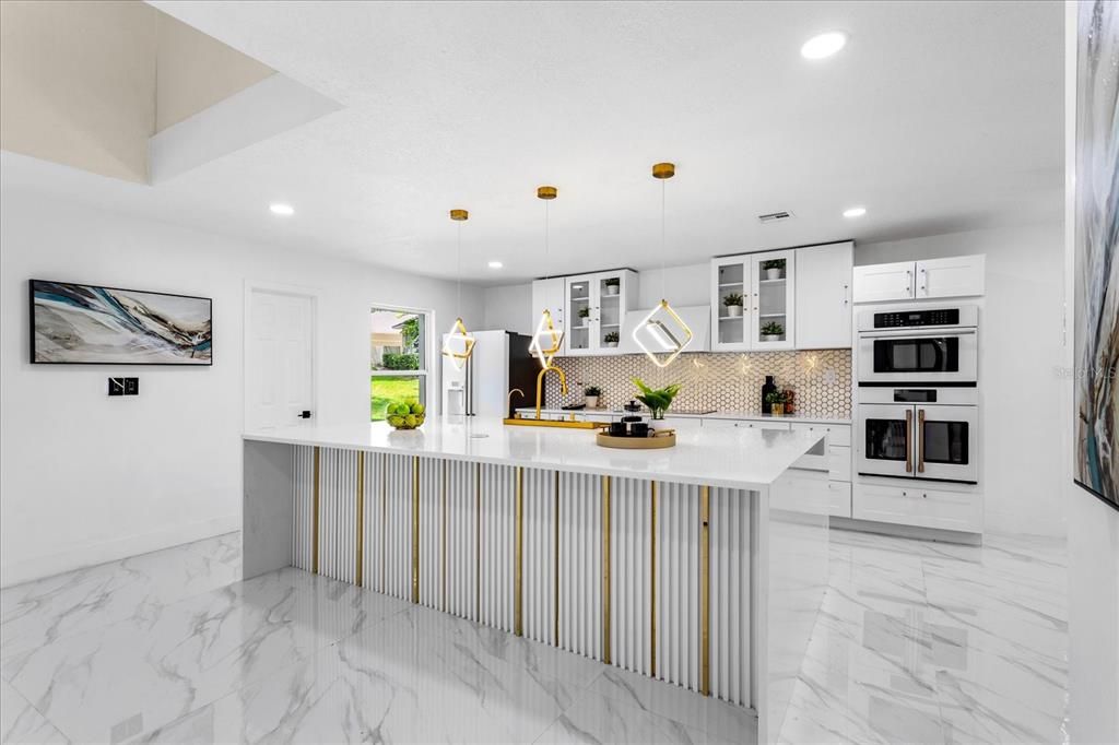 Interior, Kitchen, Marble, Pendant Lights, Recessed Lighting, Stainless Steel Appliances
