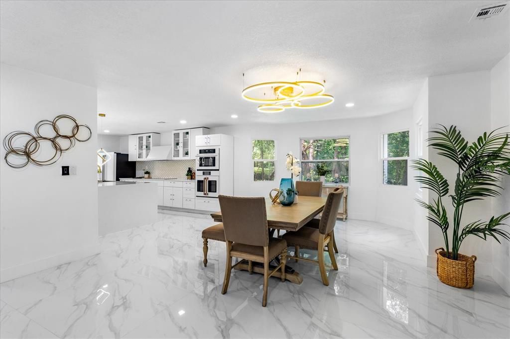 Dining room, Interior, Kitchen, Marble, Pendant Lights, Recessed Lighting, Stainless Steel Appliances