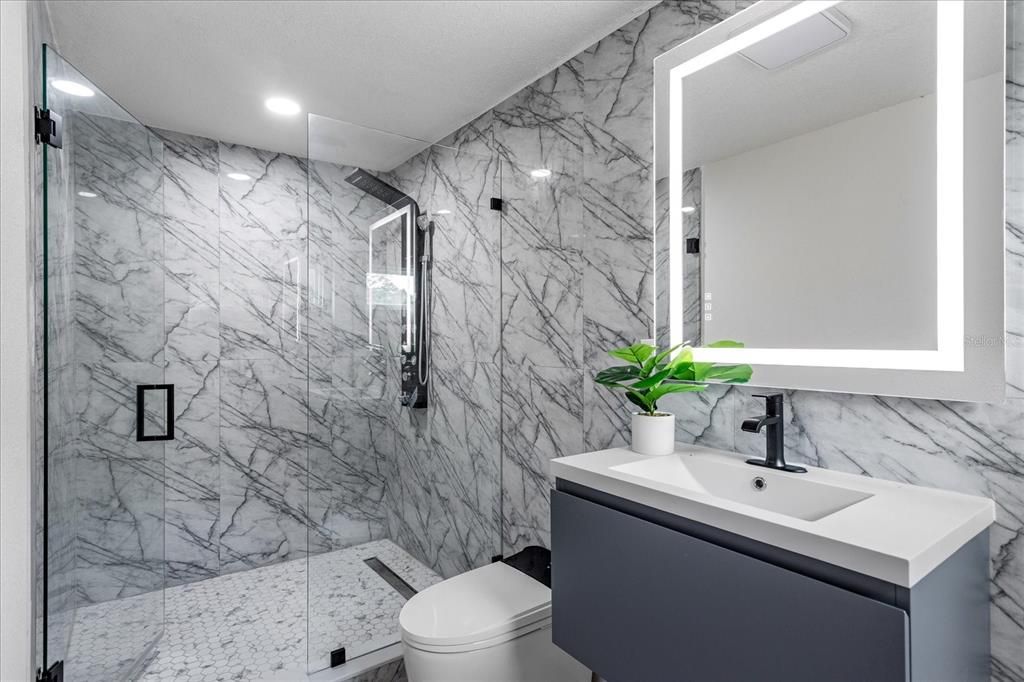 Bathroom, Glass Shower, Interior, Marble Walls, Recessed Lighting